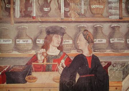 Interior of a Pharmacy, detail of the shopkeeper weighing produce à École picturale italienne