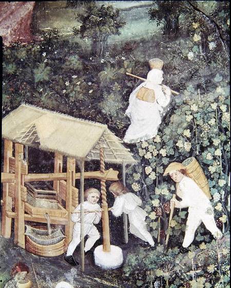 The Month of October, detail of grape-pickers pressing grapes à École picturale italienne