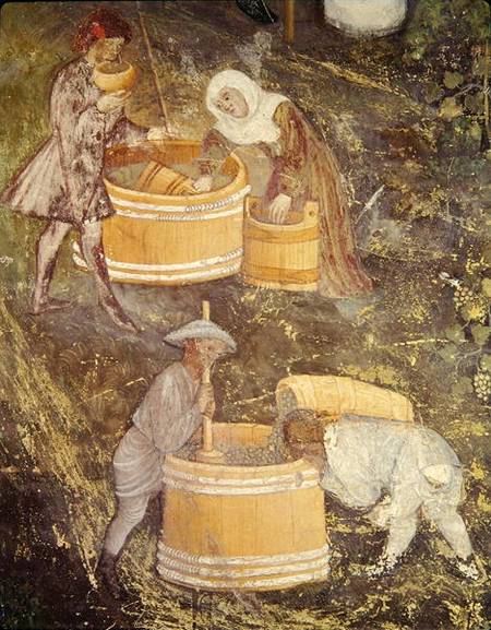 The Month of October, detail of grape-pickers and vats à École picturale italienne