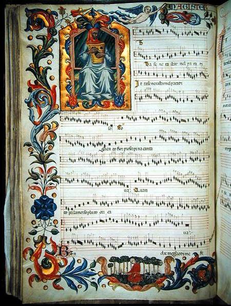 Page of musical notation with historiated initial, produced at the Florentine monastery of S. Maria à École picturale italienne