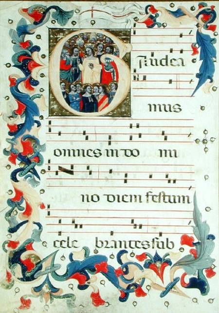 Page of musical notation with a historiated initial 'G' depicting a group of saints with St. Ursula à École picturale italienne