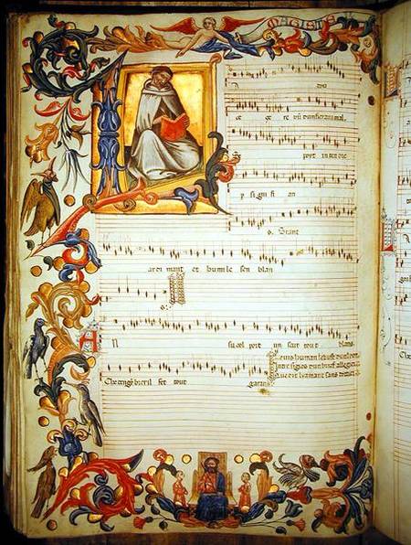 Page of musical notation with a historiated initial, produced at the Florentine monastery of S. Mari à École picturale italienne