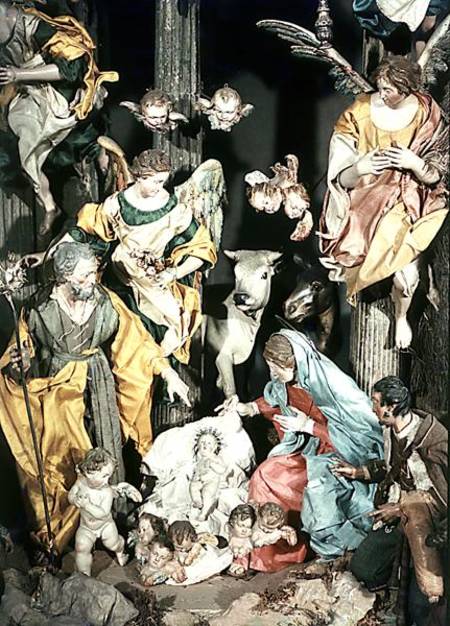 The Nativity, made in Naples, detail of the central section à École picturale italienne