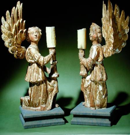 Pair of carved candlesticks (polychrome oak) à École picturale italienne