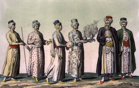 Servants carrying a pipe, a vase of sweets, coffee, a brazier and a jug of rosewater, plate 57 from à École picturale italienne