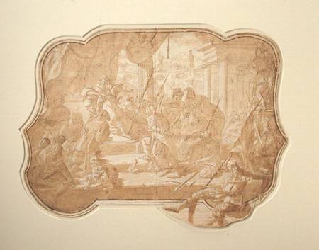 A Venetian scene of a bound princess brought before a ruler (ink, brown wash & pencil on à École picturale italienne