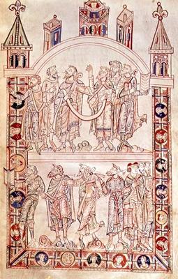 Ms. Plut.12.17 f.4r Disciples of St. Augustine, from 'De Civitate Dei, (11th-12th century) (vellum) à École italienne (11ème siècle)