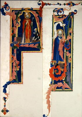 Historiated initial 'F' depicting a bishop saint blessing a young cripple and 'I' depicting a prophe à École italienne (14ème siècle)