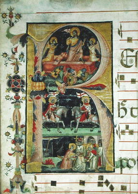 Historiated initial 'R' depicting the resurrection, two knight saints and a bishop saint receiving r à École italienne (14ème siècle)