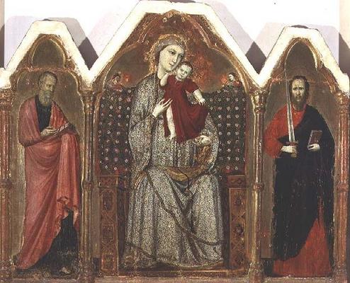 Madonna and Child Enthroned, with SS. John the Evangelist and Paul, Riminese School (triptych panel) à École italienne (14ème siècle)