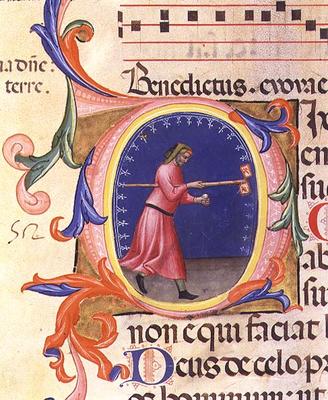 Ms 559 f.113v Historiated initial 'O' depicting St. Joseph holding a rod with two flags decorated wi à École italienne (14ème siècle)