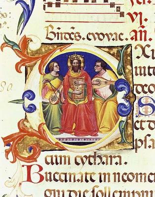 Ms. 559 f.155v Historiated initial 'O' depicting King David and two angels, from the Psalter of Sant à École italienne (14ème siècle)