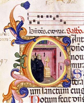 Ms 559 f.176f Historiated initial 'C' depicting monks looking at a text, from the Psalter of Santa M à École italienne (14ème siècle)