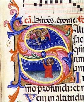 P 68 V Historiated initial 'S' depicting a male saint in water praying to angels above, Italian, 14t