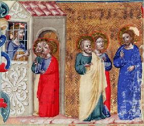 St. John imprisoned and sending two disciples to Christ (vellum)