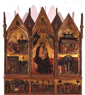 Triptych: Madonna and Child Enthroned flanked by scenes from the life of St. Bartholomew with a pred