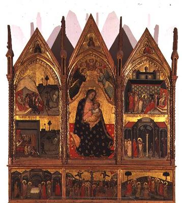 Triptych: Madonna and Child Enthroned flanked by scenes from the life of St. Bartholomew with a pred à École italienne (14ème siècle)