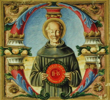 Historiated initial 'M' depicting St. Bernardino of Siena (vellum) à École italienne (15ème siècle)