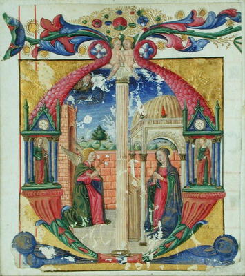 Historiated initial 'M' depicting the Annunciation, c.1475 (vellum) à École italienne (15ème siècle)
