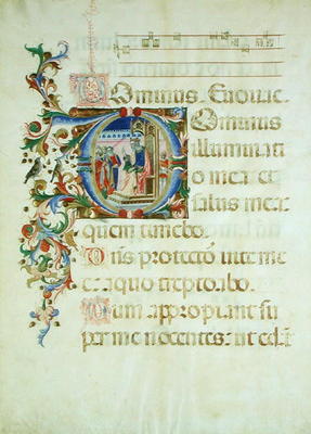 Historiated initial 'D' depicting King David on a throne speaking to a group of men (vellum) à École italienne (15ème siècle)