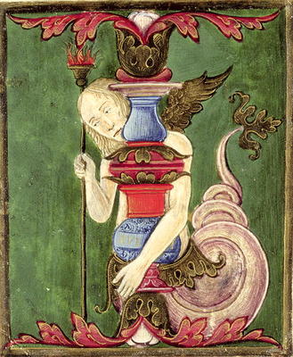 Historiated initial 'I' depicting a Winged Mermaid (vellum) à École italienne (15ème siècle)