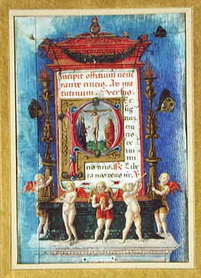 Historiated initial 'P' depicitng the Crucifixion, page from a Book of Hours (vellum) à École italienne (15ème siècle)