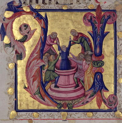 Historiated initial 'U' depicting Joseph being pulled from the well by his brothers, Tuscan School ( à École italienne (15ème siècle)