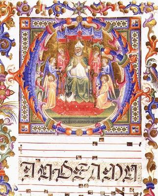 Ms 557 f.35v Historiated initial 'O' depicting Aegidius (St. Giles) (d.c.700) enthroned surrounded b à École italienne (15ème siècle)