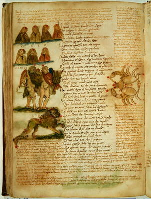 Ms Ital 483 P.4.7 f.156v Gemini, Leo and Cancer, from the 'Dittamondo' by Fazio degli Uberti (vellum à École italienne (15ème siècle)