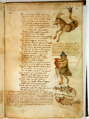 Ms Ital 483 P.4.7 f.158r Capricorn, Aquarius and Pisces, from the 'Dittamondo' by Fazio degli Uberti à École italienne (15ème siècle)