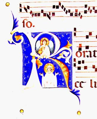 P 23 V Historiated initial 'R' depicting an angel and a female saint (vellum) à École italienne (15ème siècle)