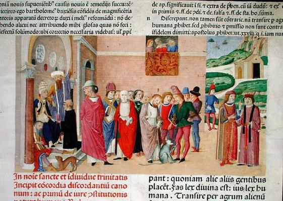 Presentation of the work to the Pope, from 'Decretum Gratiani' (vellum) à École italienne (15ème siècle)