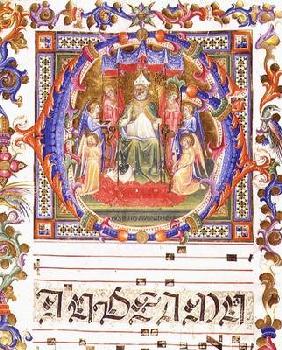 Ms 557 f.35v Historiated initial 'O' depicting Aegidius (St. Giles) (d.c.700) enthroned surrounded b