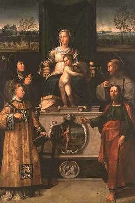 Madonna and Child Enthroned with Saints à École italienne (16ème siècle)