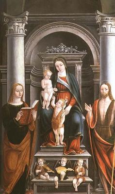 Madonna and Child receiving a rose from the Infant St. John the Baptist, with saints and angels by M à École italienne (16ème siècle)