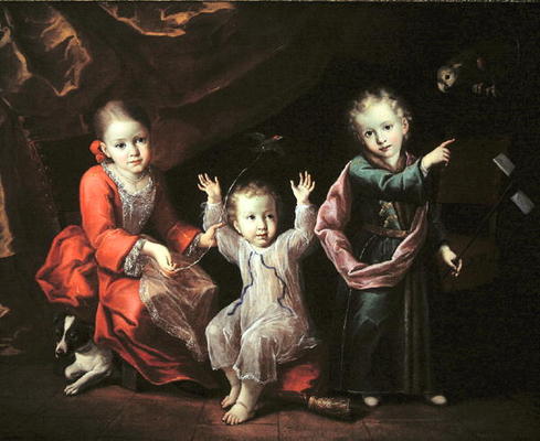 Three Children in an Interior Surrounded by their Pets, c.1680 (oil on canvas) à École italienne (17ème siècle)