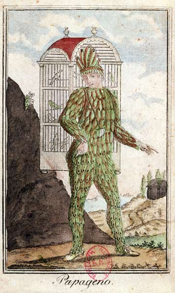 Papageno the bird-catcher, from 'The Magic Flute' by Wolfgang Amadeus Mozart (1756-91), (coloured en à École italienne (18ème siècle)