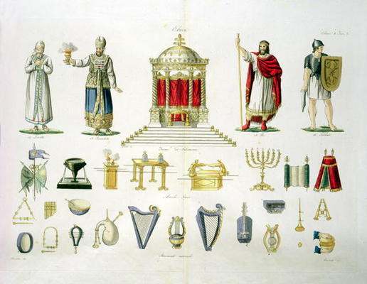 Hebrew Levi, Priest, King and Soldier with Sacred Furnishings and Musical Instruments, plate 2, clas à École italienne (19ème siècle)