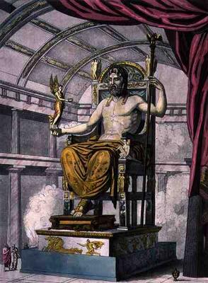 Statue of Jupiter in a Temple, from 'Costumi dei Romani', engraved by Angelo Biasioli (1790-1830), c à École italienne (19ème siècle)