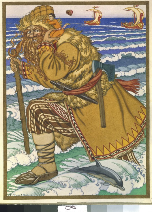 The giant carried Ivan on his shoulders back across the sea à Ivan Jakovlevich Bilibin