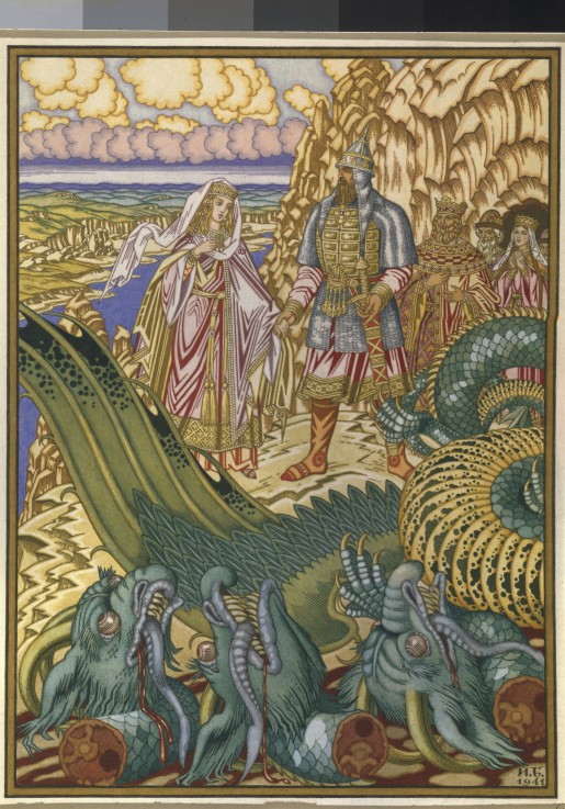 Dobrynya Nikitich rescues Zabava Putyatishna from the dragon Gorynych à Ivan Jakovlevich Bilibin