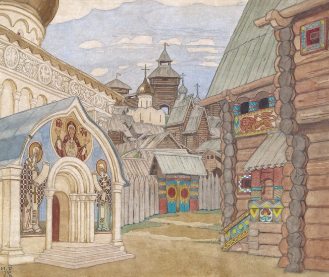 Russian Village. Stage design for the opera The Tale of Tsar Saltan by N. Rimsky-Korsakov à Ivan Jakovlevich Bilibin