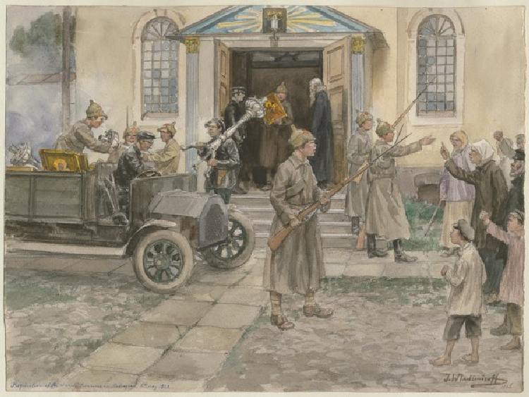 Die Beschlagnahme der Kirchenschätze durch Rotarmisten in Petrograd am 5. Mai 1922 (Aus der Aquarell à Iwan Alexejewitsch Wladimirow