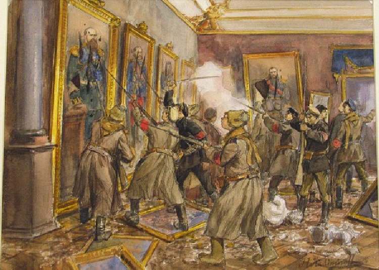 Eine Szene im Winterpalast im Dezember 1918 (Aus der Aquarellserie Russische Revolution) à Iwan Alexejewitsch Wladimirow