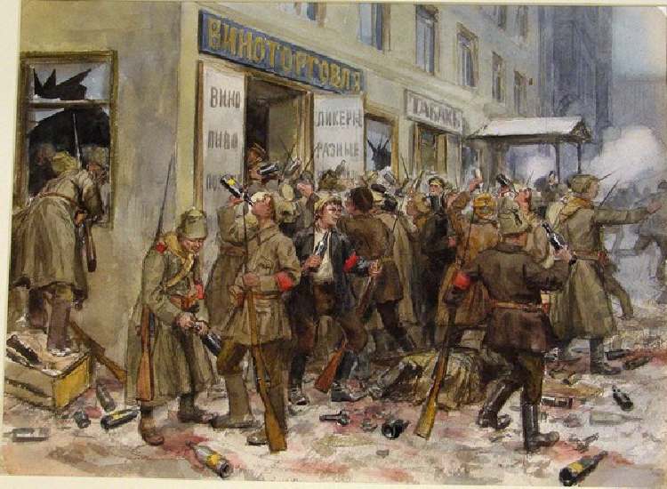 Revolutionäre Arbeiter und Soldaten plündern ein Weinladen in Petrograd (Aus der Aquarellserie Russi à Iwan Alexejewitsch Wladimirow