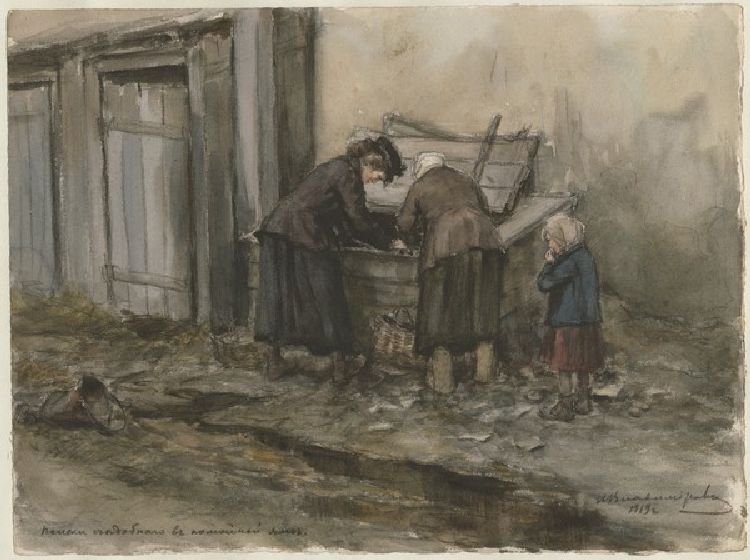 Zwei Frauen und Kind, die in den Mülltonnen nach Essbarem suchen (Aus der Aquarellserie Russische Re à Iwan Alexejewitsch Wladimirow