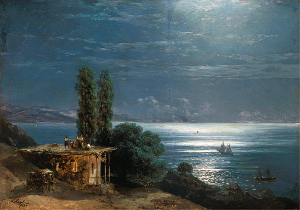 paysage nocturne à la mer avec la villa éclairée. à Iwan Konstantinowitsch Aiwasowski
