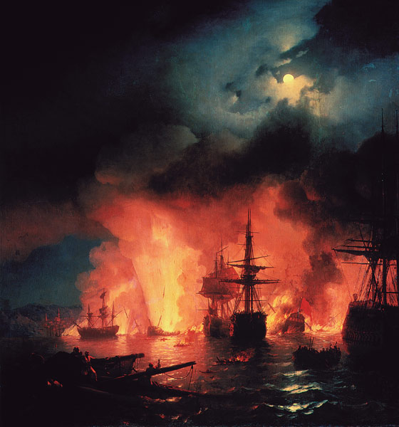 The naval Battle of Chesma on the night 26 July 1770 à Iwan Konstantinowitsch Aiwasowski