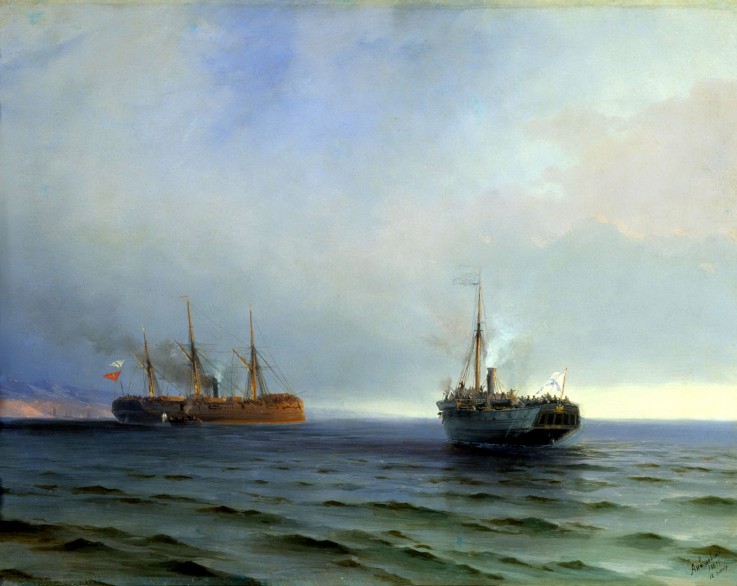 Capture of the Turkish military transport "Messina" by the steamer "Russia" on the Black Sea on the  à Iwan Konstantinowitsch Aiwasowski