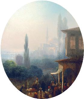 A market scene in Constantinople, with the Hagia Sophia beyond